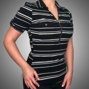 GUESS Black and White Striped Zip-Up Fitted Top